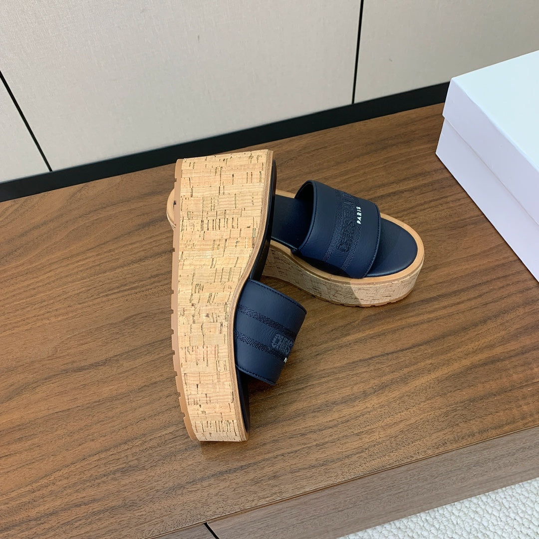 Dior 25S Dway Wedge Slide 90 mm in Deep Navy Blue Calfskin