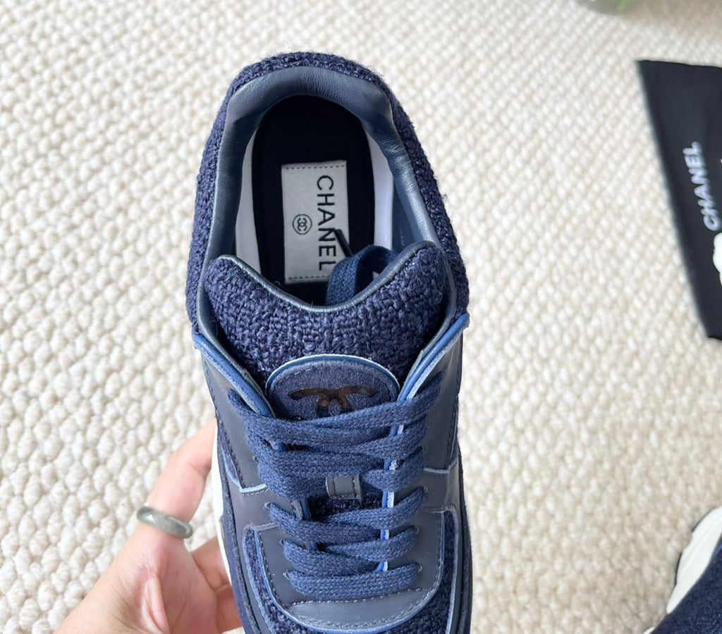Chanel Sneaker in Navy Blue Wool Tweed and Suede