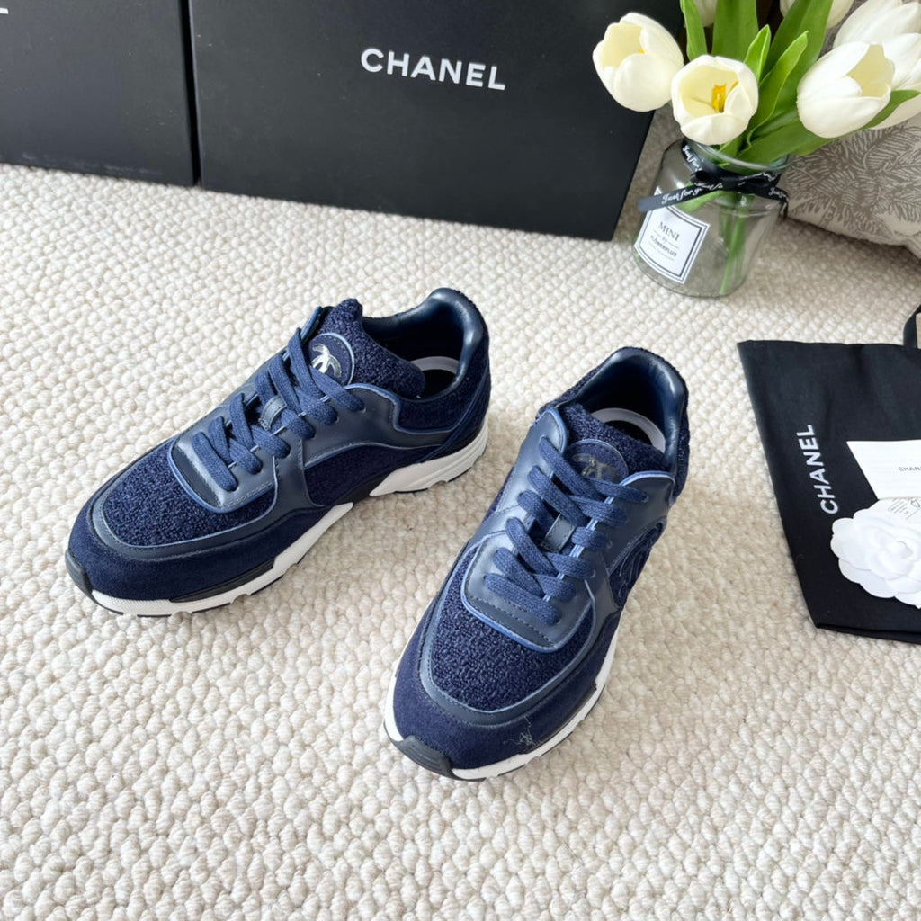 Chanel Sneaker in Navy Blue Wool Tweed and Suede