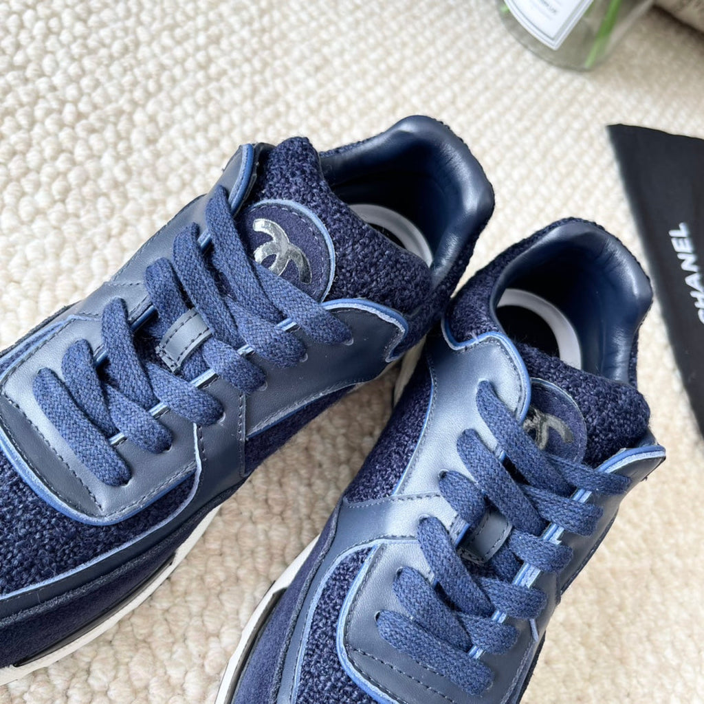 Chanel Sneaker in Navy Blue Wool Tweed and Suede