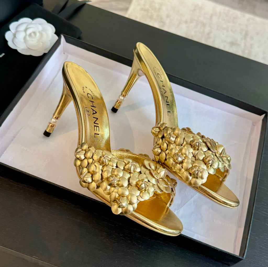 Chanel Little Camellia World Thin High Heels Gold Lambskin