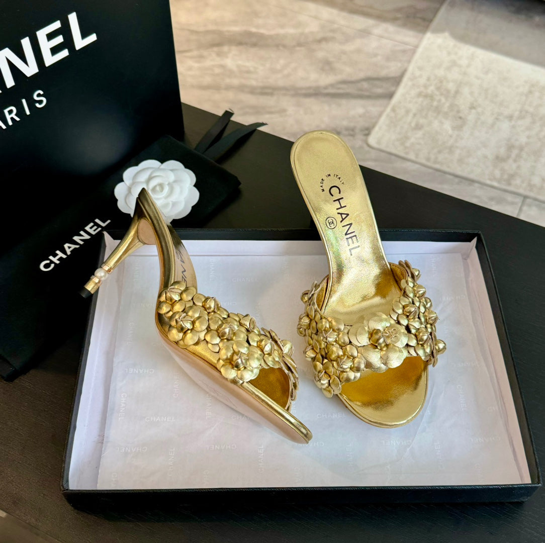 Chanel Little Camellia World Thin High Heels Gold Lambskin