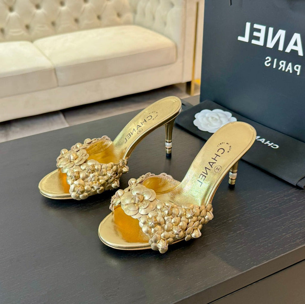 Chanel Little Camellia World Thin High Heels Gold Lambskin