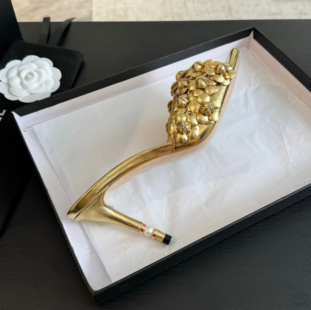 Chanel Little Camellia World Thin High Heels Gold Lambskin