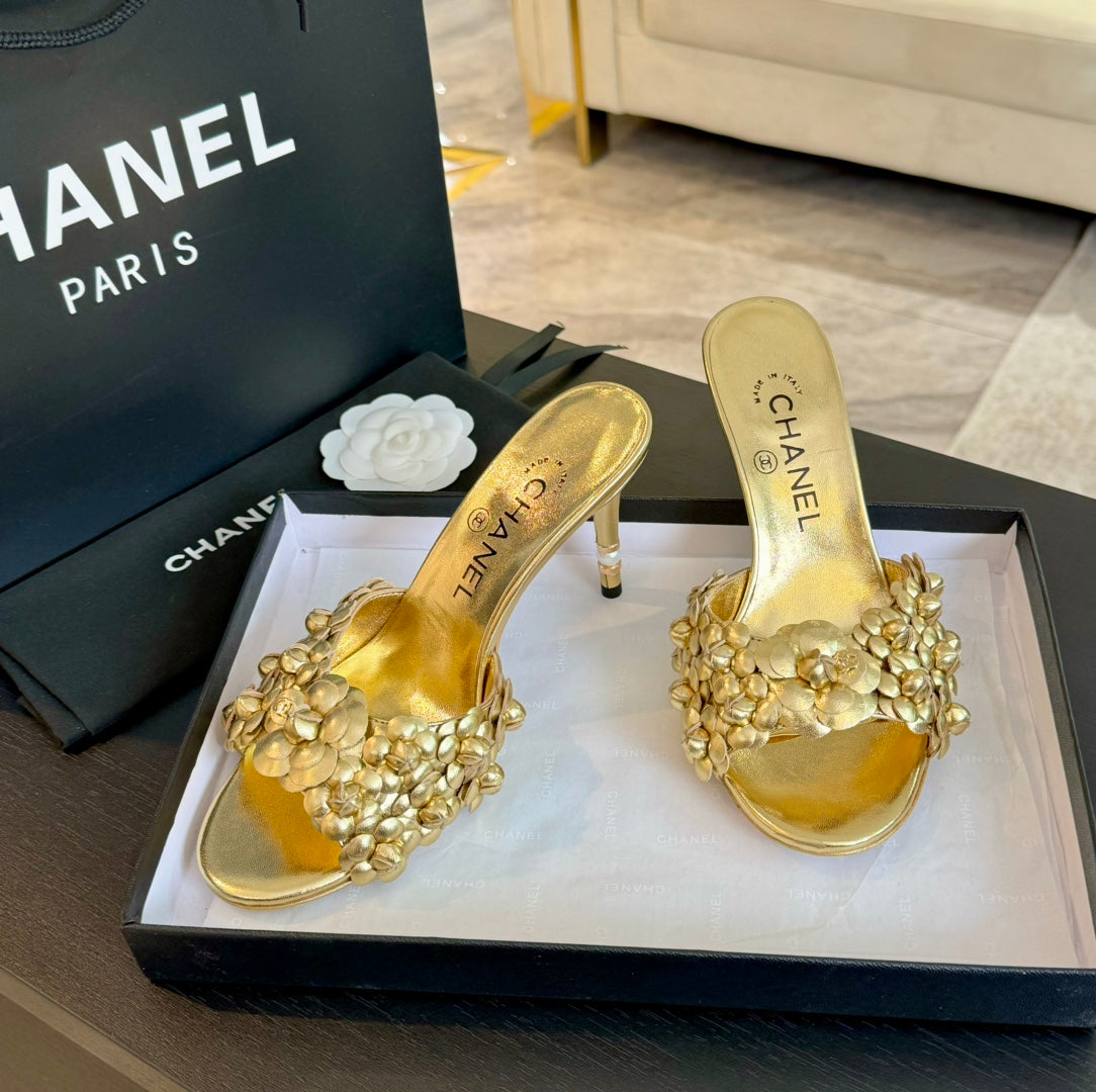 Chanel Little Camellia World Thin High Heels Gold Lambskin