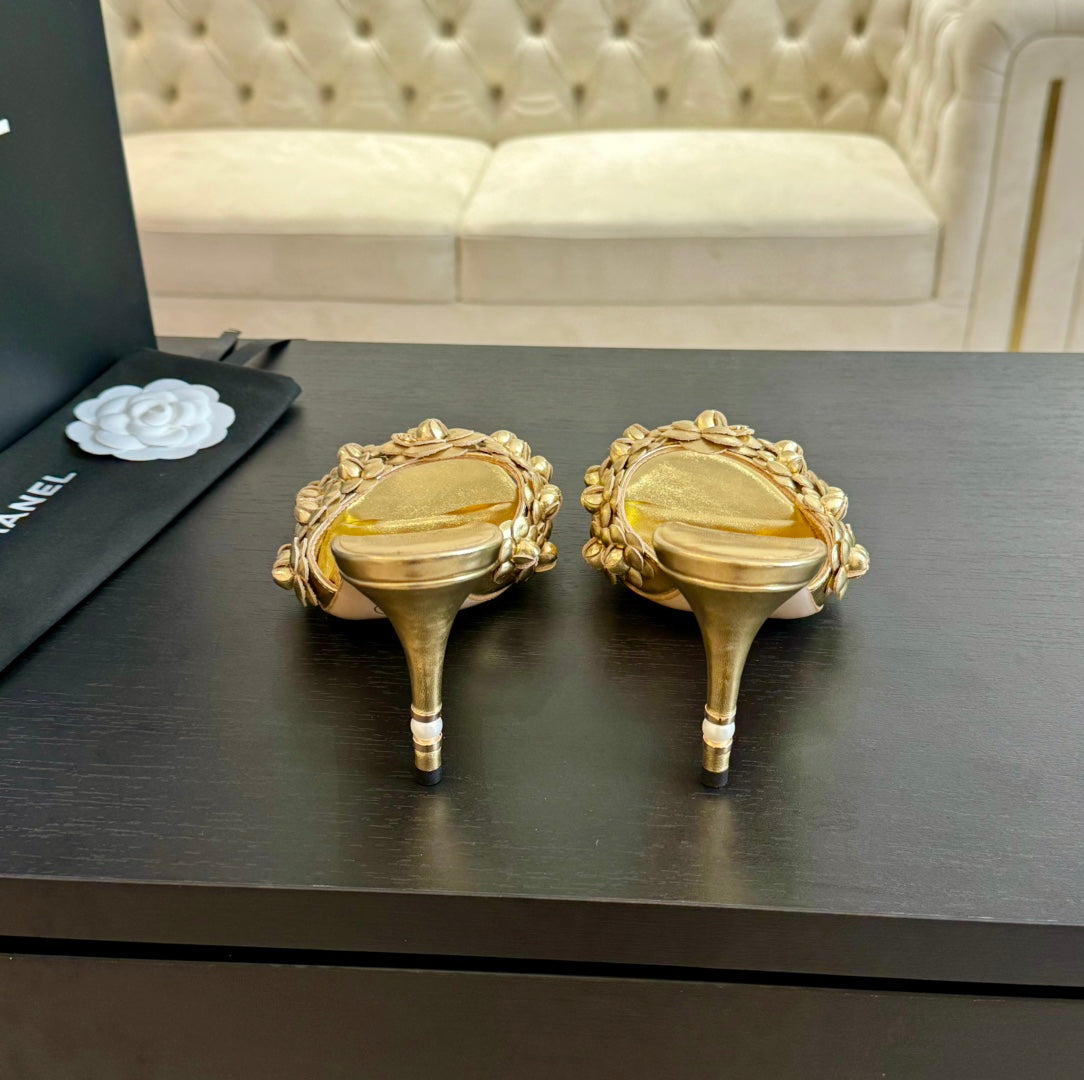 Chanel Little Camellia World Thin High Heels Gold Lambskin