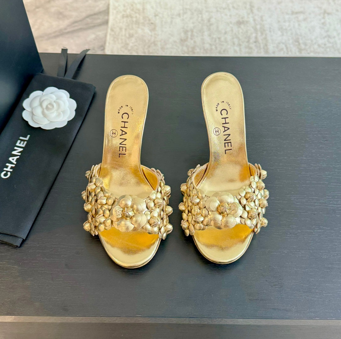 Chanel Little Camellia World Thin High Heels Gold Lambskin