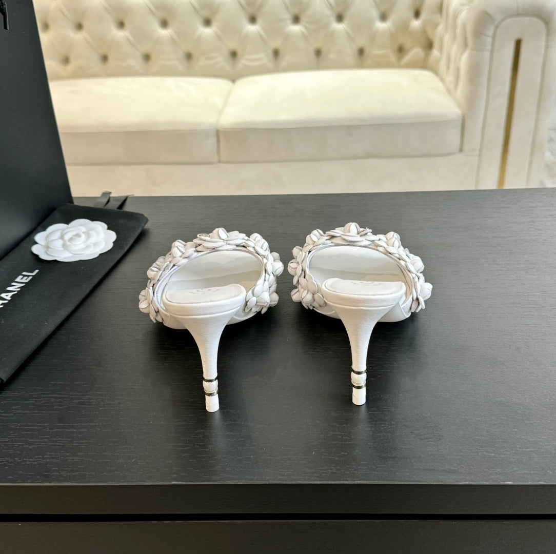 Chanel Little Camellia World Thin High Heels White Lambskin