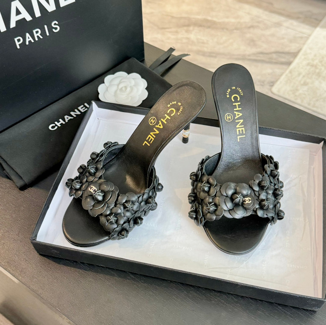 Chanel Little Camellia World Thin High Heels Black Lambskin
