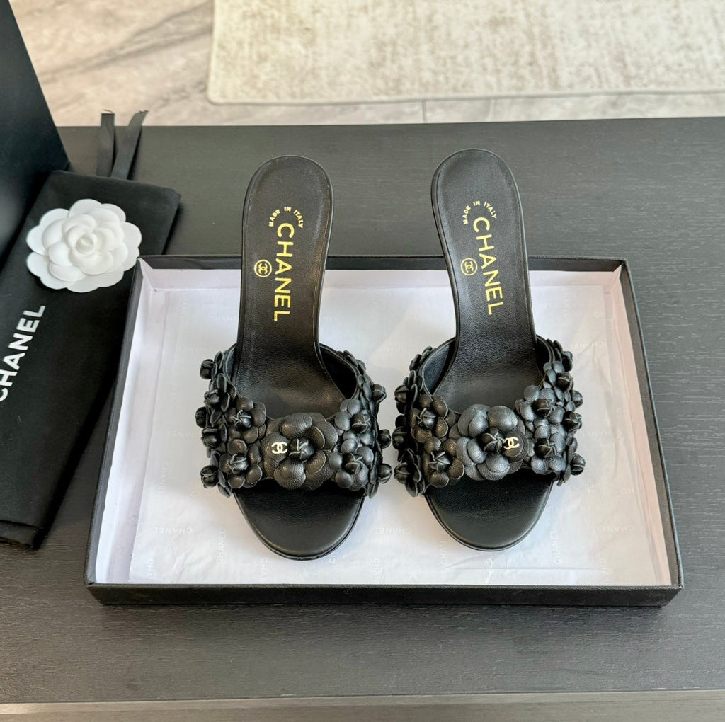 Chanel Little Camellia World Thin High Heels Black Lambskin