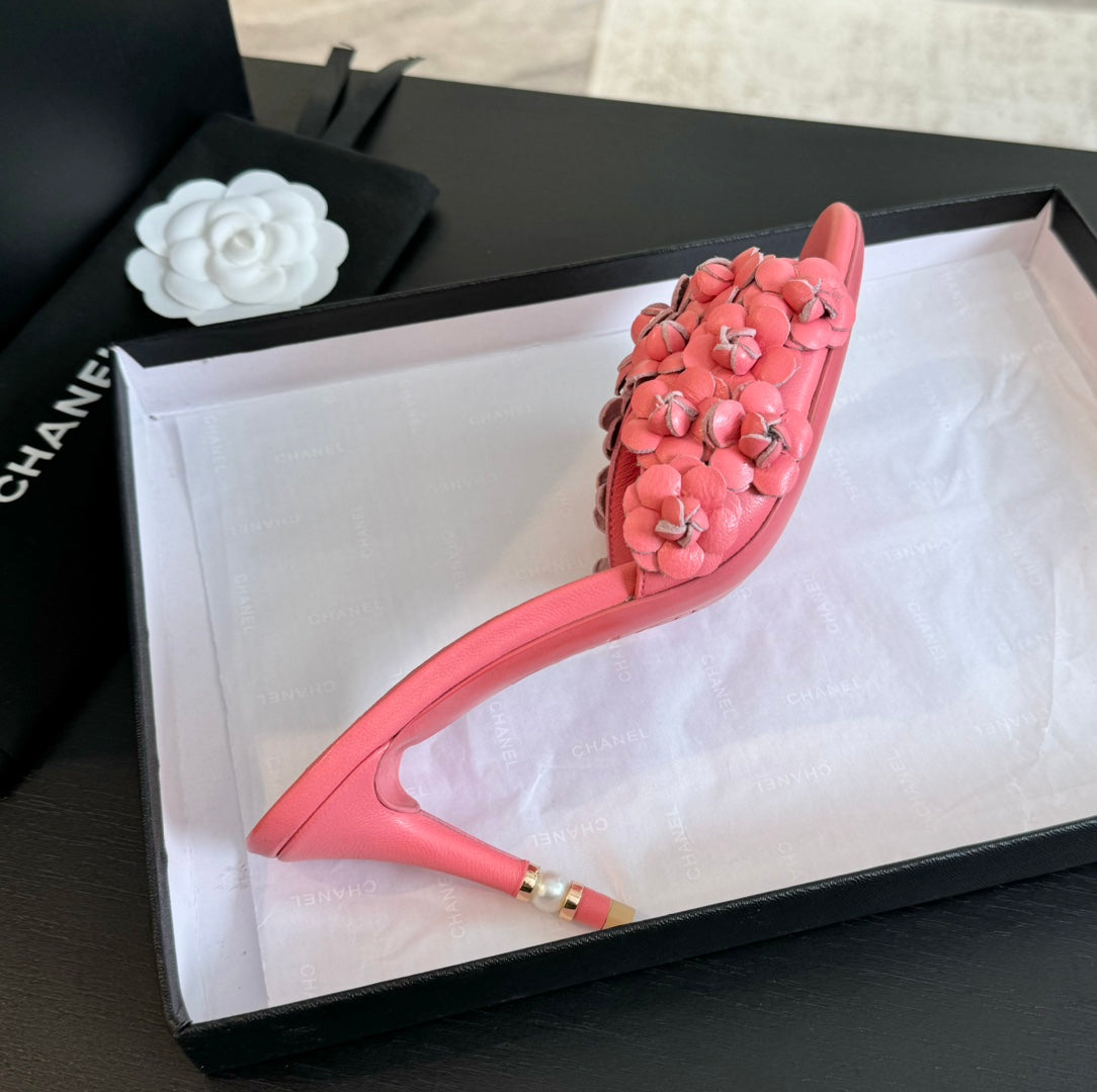 Chanel Little Camellia World Thin High Heels Rose Pink Lambskin