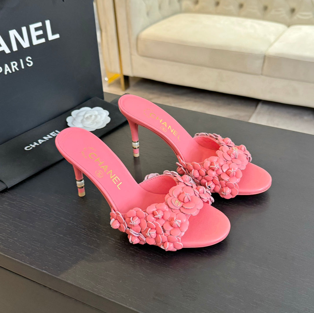 Chanel Little Camellia World Thin High Heels Rose Pink Lambskin