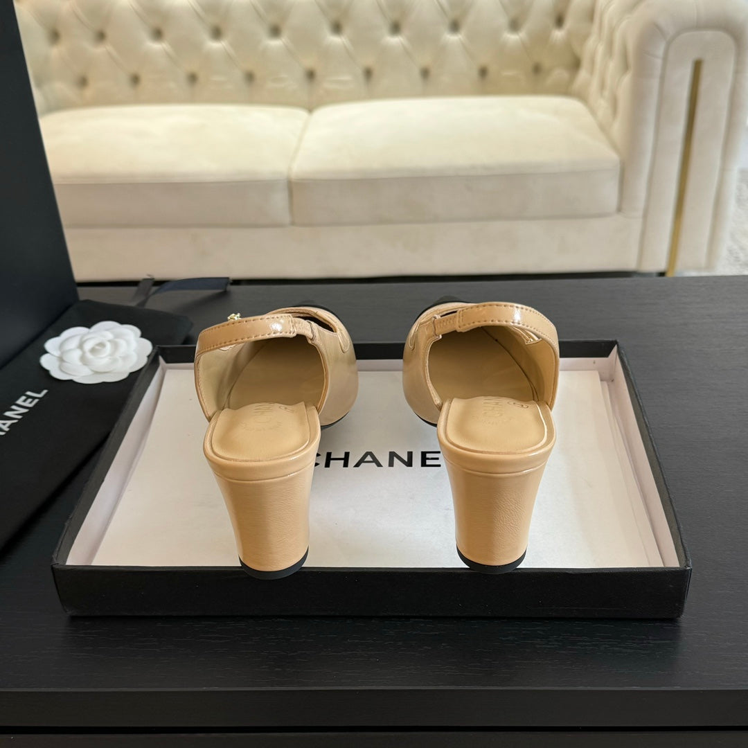 Chanel Double C Women's Slingback Spirit Toe Tan Brown Lambskin