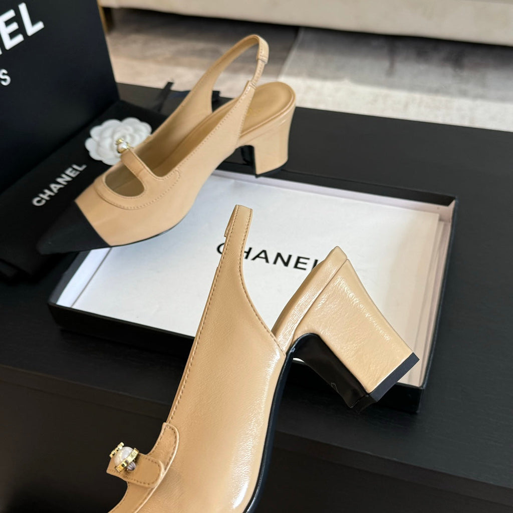 Chanel Double C Women's Slingback Spirit Toe Tan Brown Lambskin
