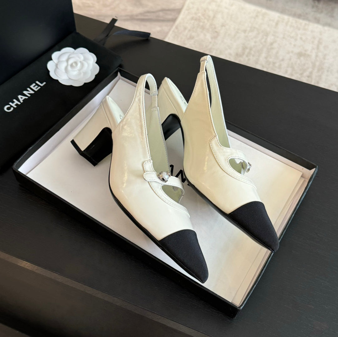 Chanel Double C Women's Slingback Spirit Toe White Lambskin