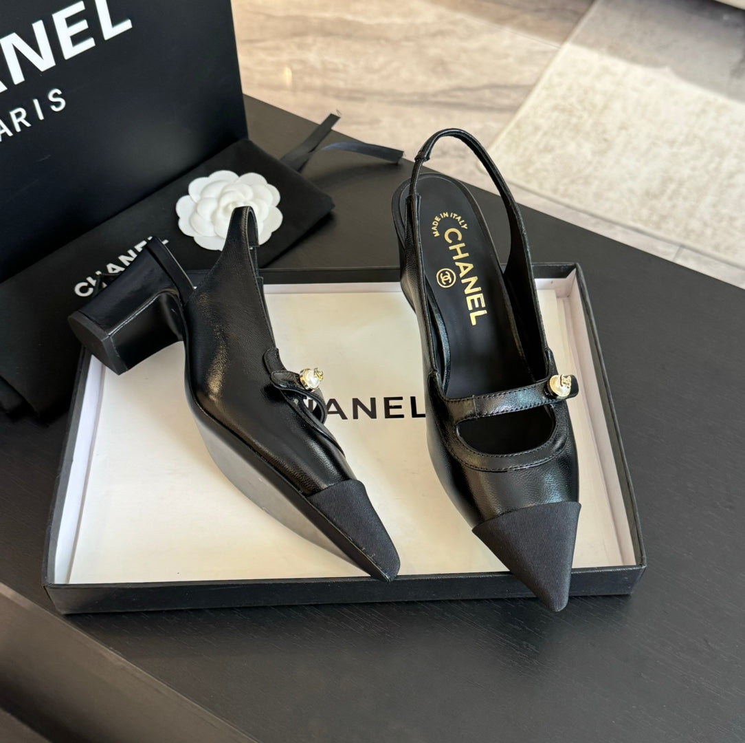 Chanel Double C Women's Slingback Spirit Toe Black Lambskin