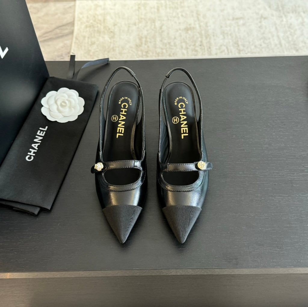 Chanel Double C Women's Slingback Spirit Toe Black Lambskin