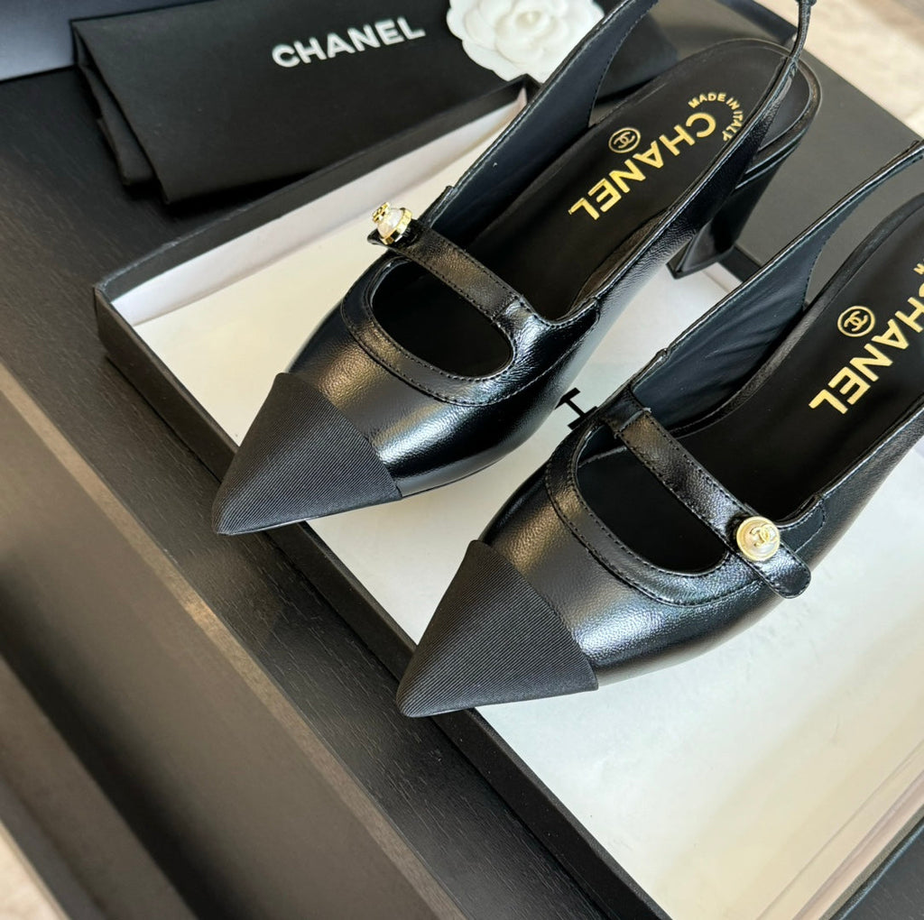 Chanel Double C Women's Slingback Spirit Toe Black Lambskin