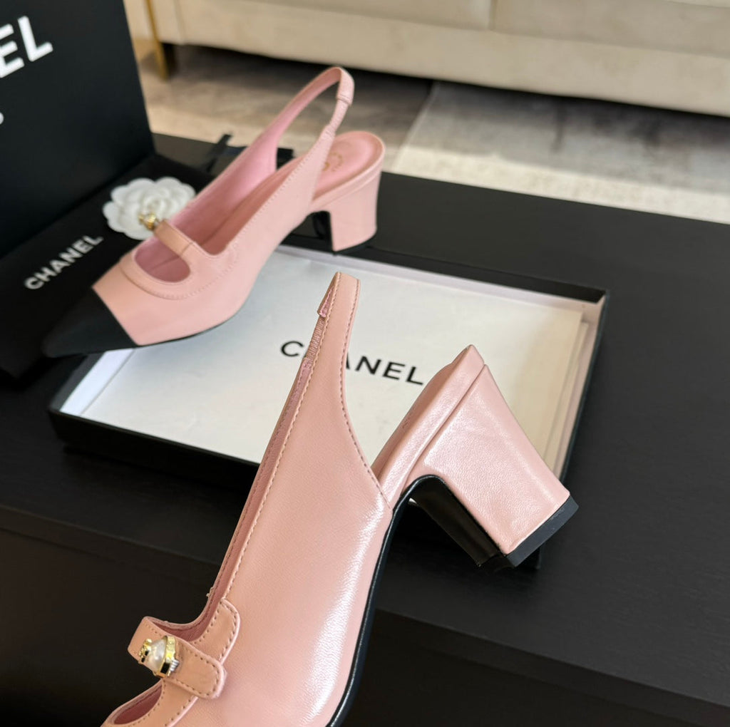 Chanel Double C Women's Slingback Spirit Toe Light Pink Lambskin