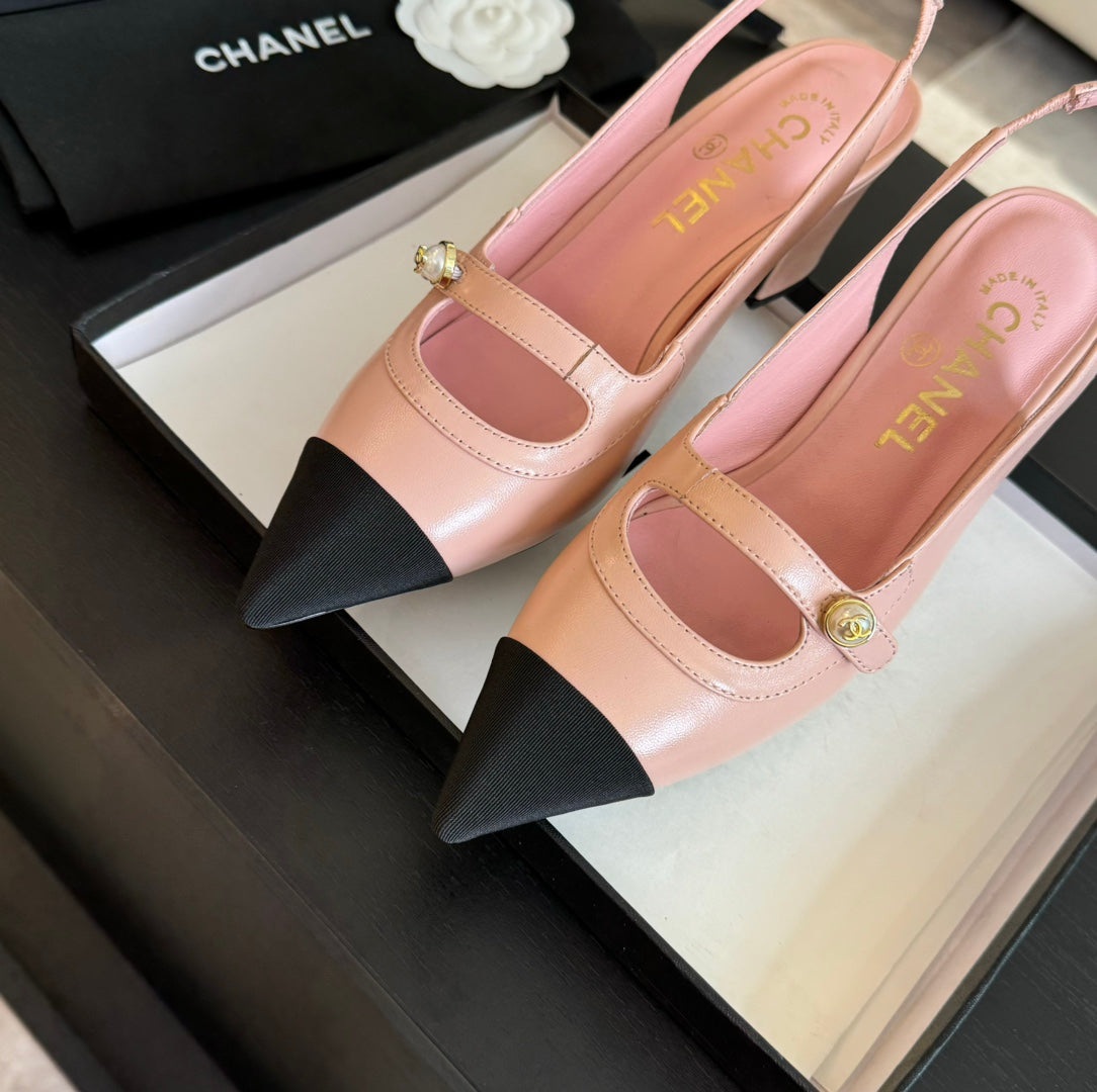 Chanel Double C Women's Slingback Spirit Toe Light Pink Lambskin