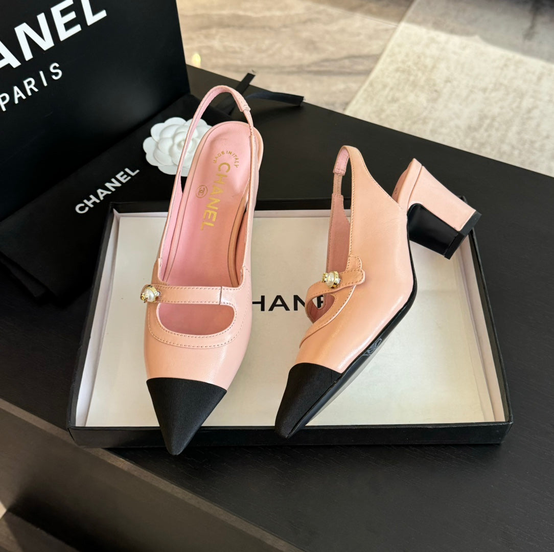 Chanel Double C Women's Slingback Spirit Toe Light Pink Lambskin