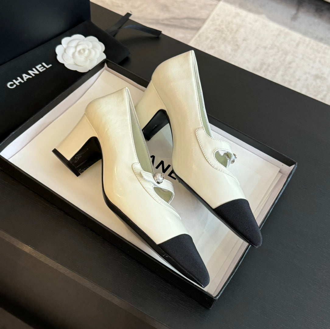 Chanel Double C Women's Shoes Spirit Toe White Lambskin