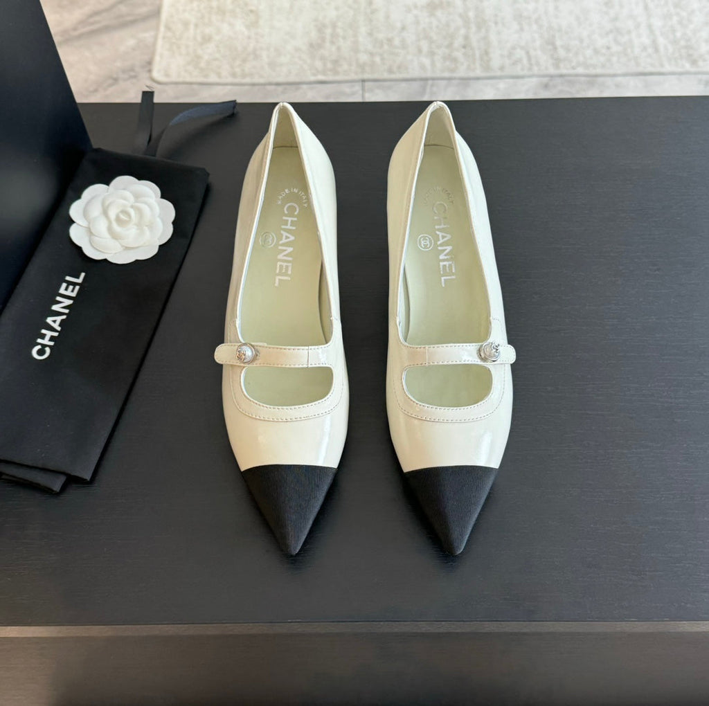 Chanel Double C Women's Shoes Spirit Toe White Lambskin