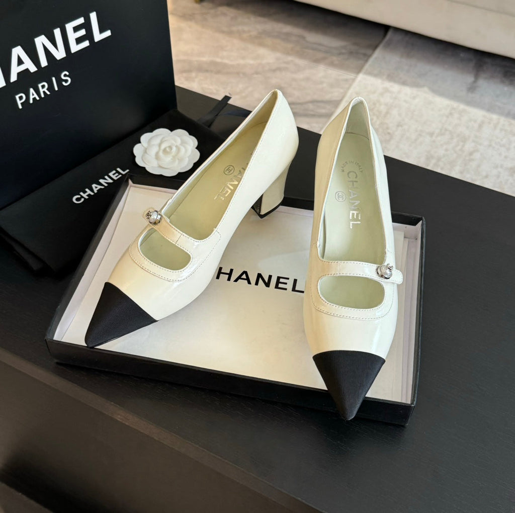 Chanel Double C Women's Shoes Spirit Toe White Lambskin