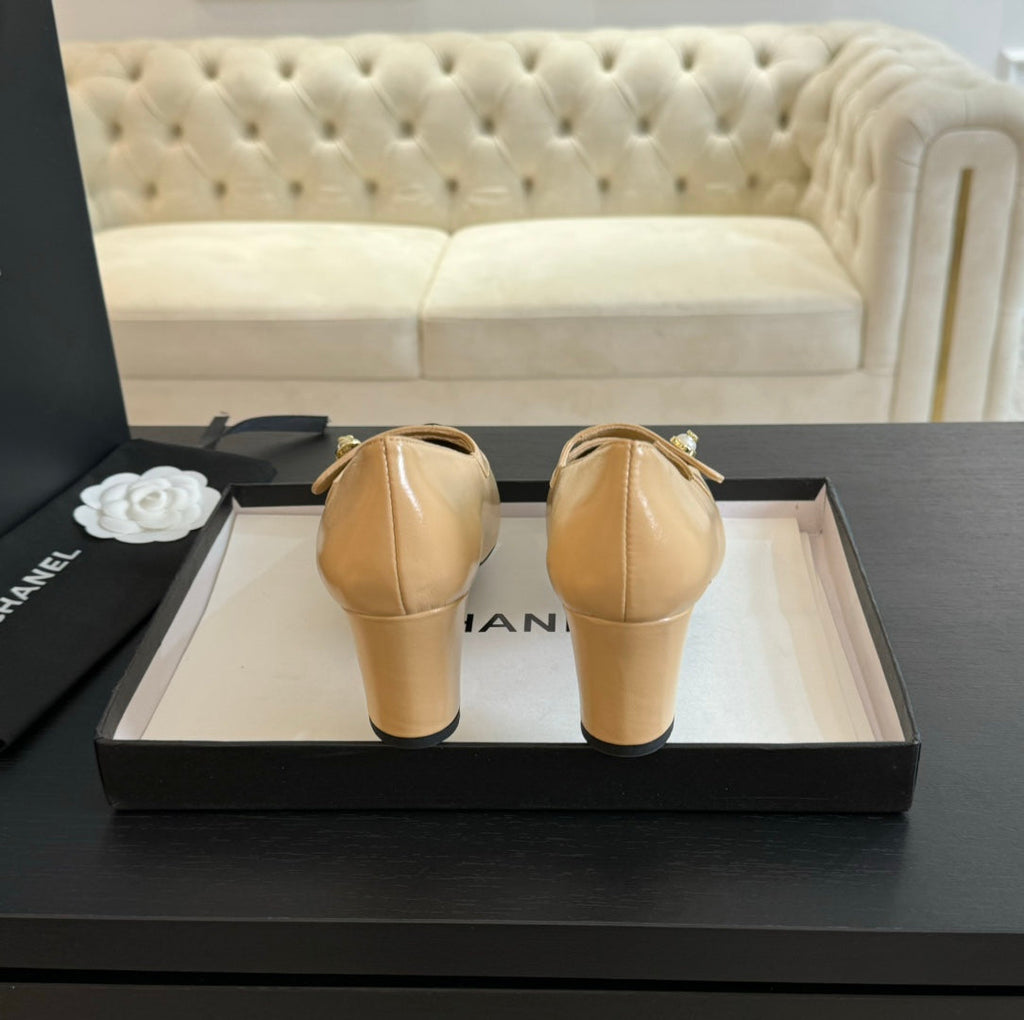 Chanel Double C Women's Shoes Spirit Toe Tan Brown Lambskin