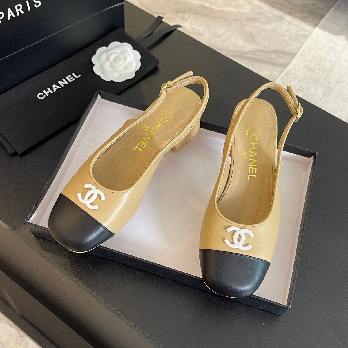 Chanel Slingbacks in Dark Beige Mix Black Calfskin