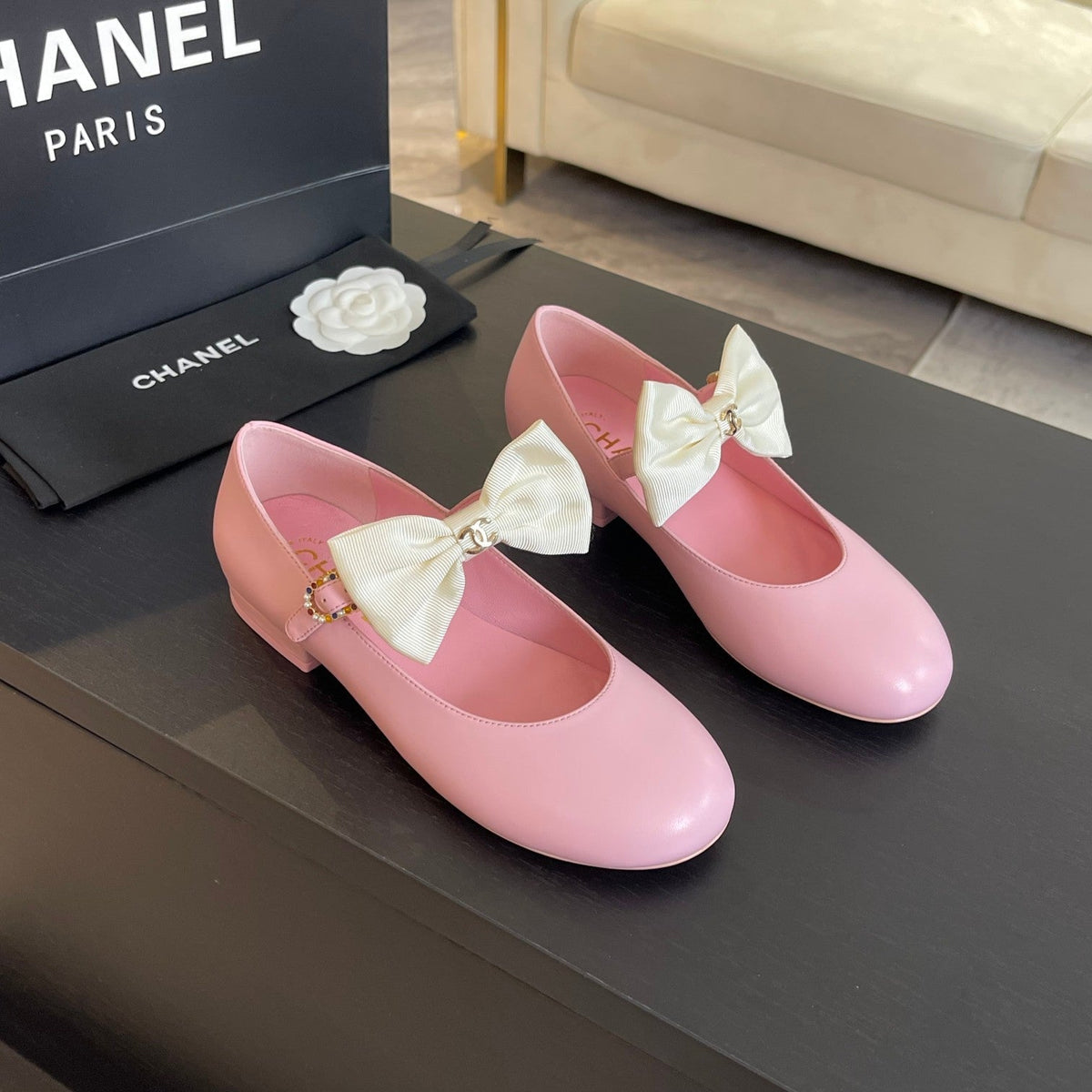 Chanel Ballet Flat Light Pink Lambskin with White Bow