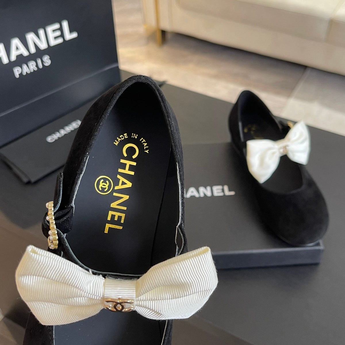 Chanel Ballet Flat Black Suede Lambskin with White Bow