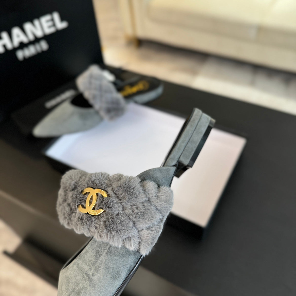 Chanel Mule in Ash Grey Smooth Fleece with Gold Hardware