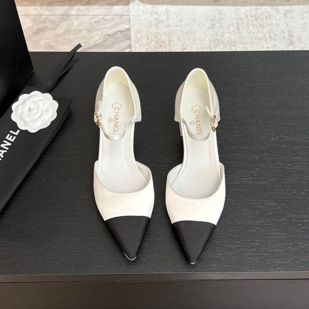 Chanel Block Heel Slingbacks in White Mix Black Silk Fabric