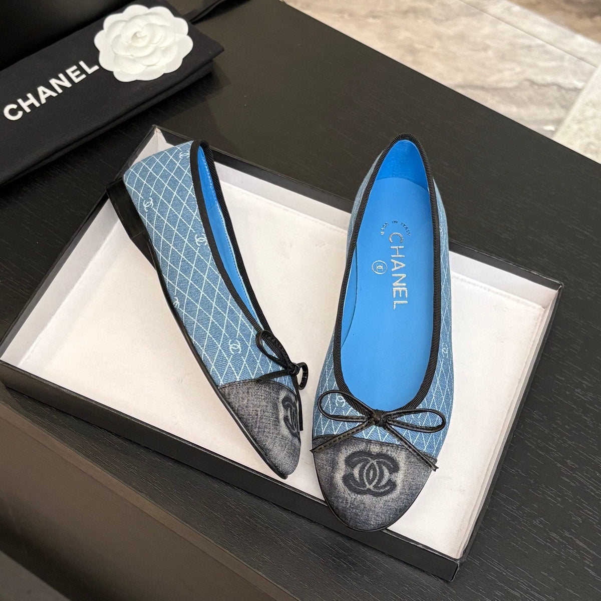Chanel Ballet Flats in Light Blue Mix Black Monogram Denim