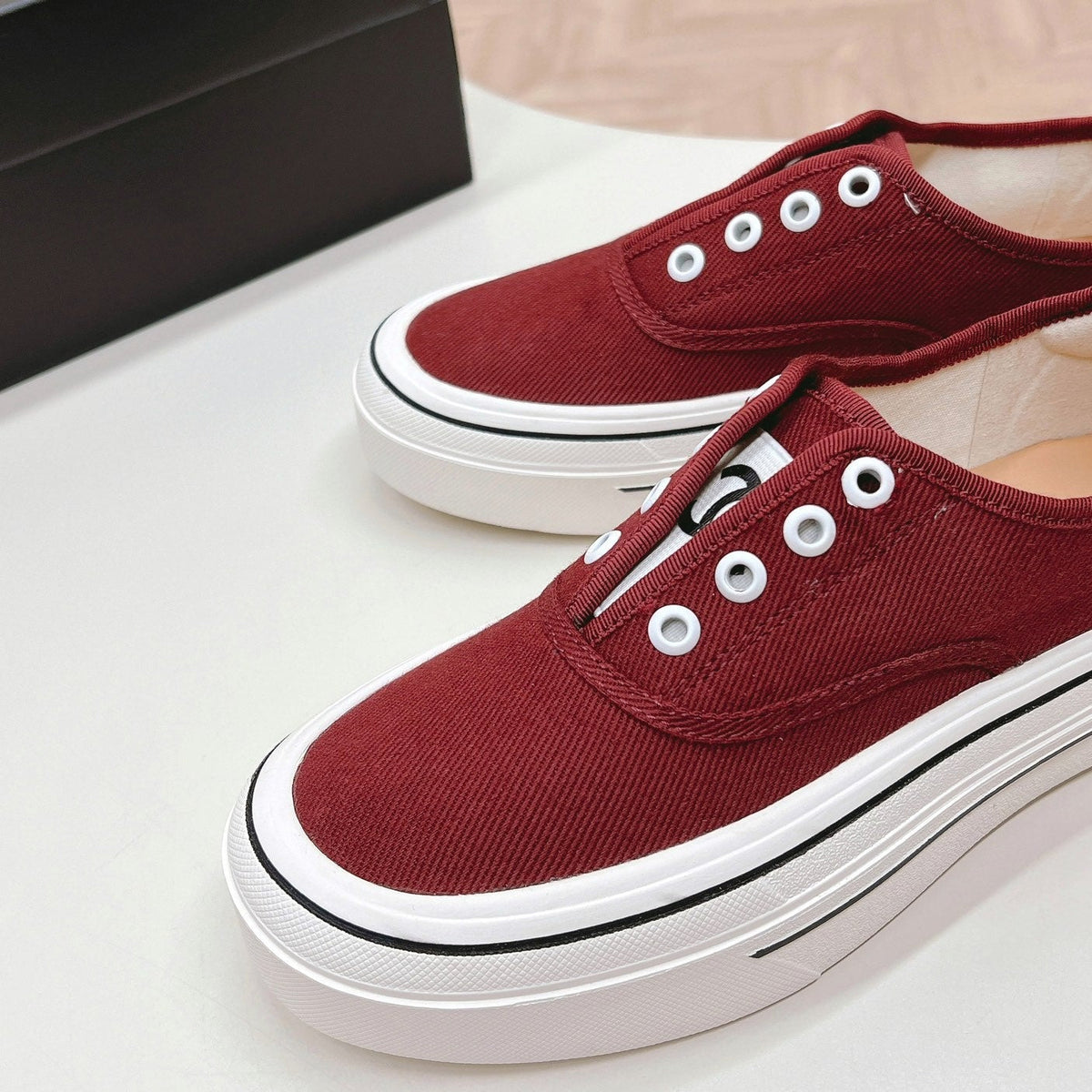 Chanel Double C Platform Biscuit Shoes Fabric Cherry Red