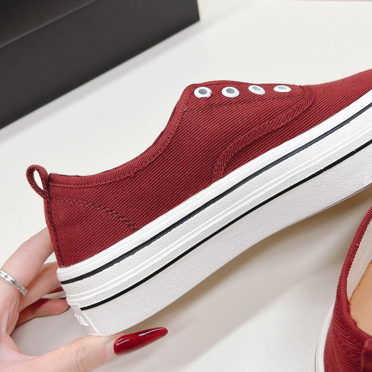 Chanel Double C Platform Biscuit Shoes Fabric Cherry Red