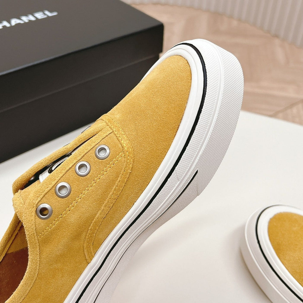 Chanel Double C Platform Biscuit Shoes Fabric Amber Yellow