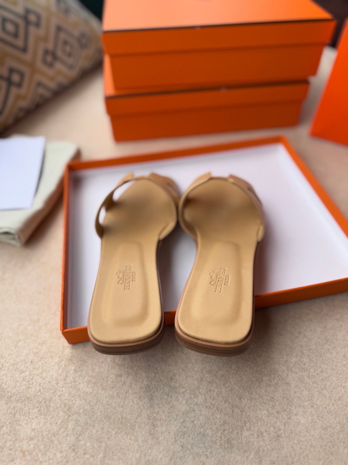 Hermes 0RAN Sandals in Tortilla Brown Calfskin