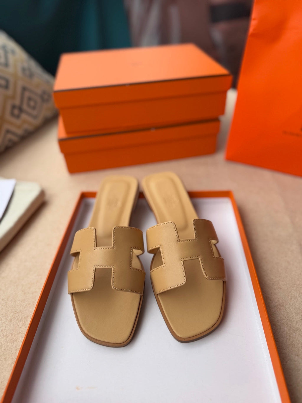 Hermes 0RAN Sandals in Tortilla Brown Calfskin