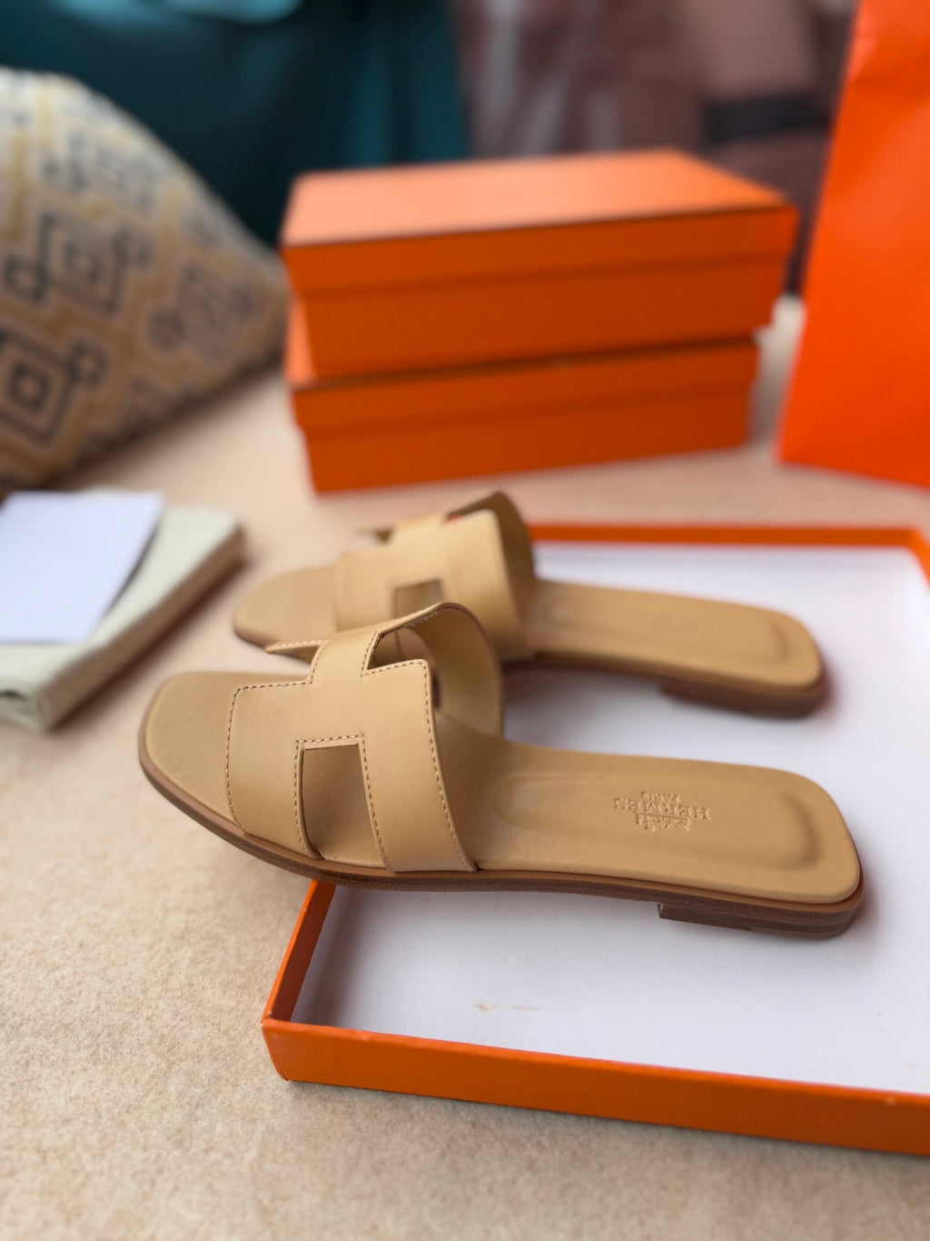 Hermes 0RAN Sandals in Tortilla Brown Calfskin