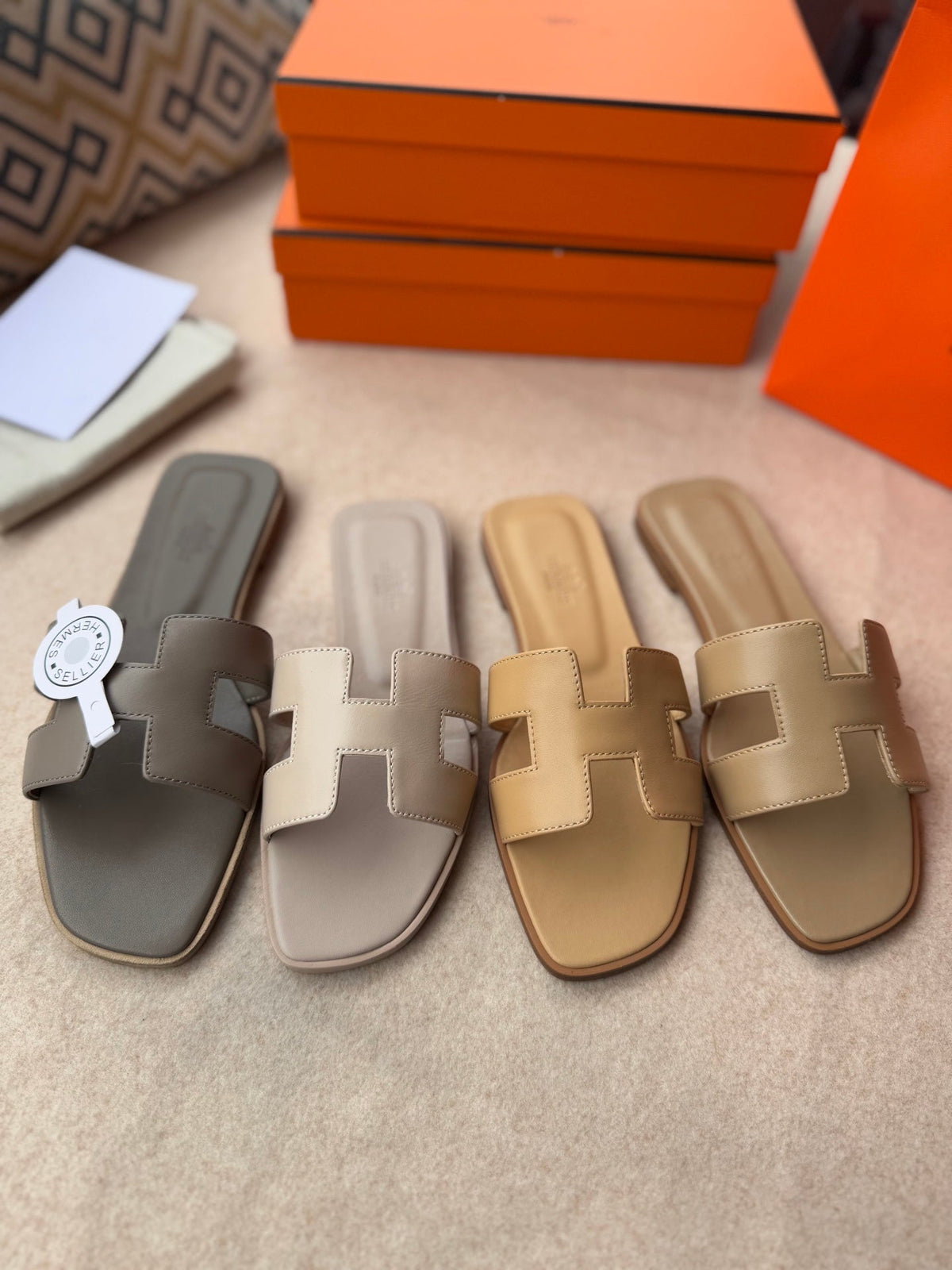 Hermes 0RAN Sandals in Tortilla Brown Calfskin