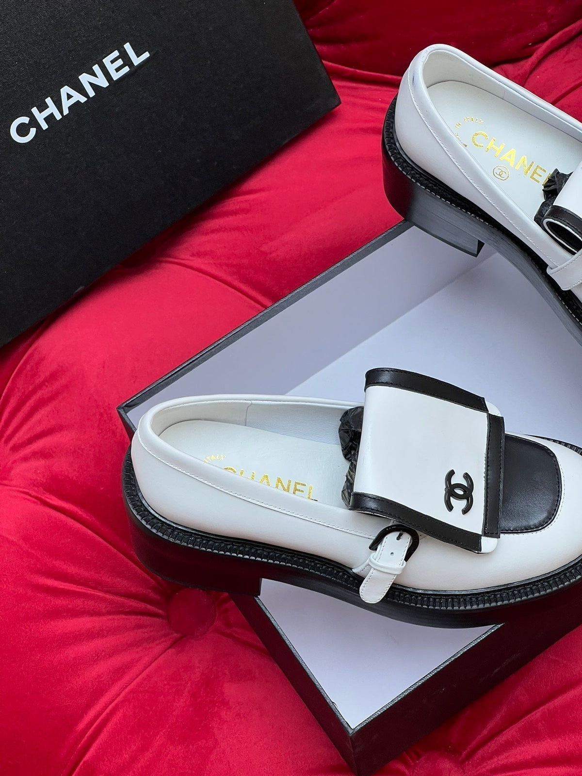 Chanel Moccasin Loafer in White Mix Black Lambskin