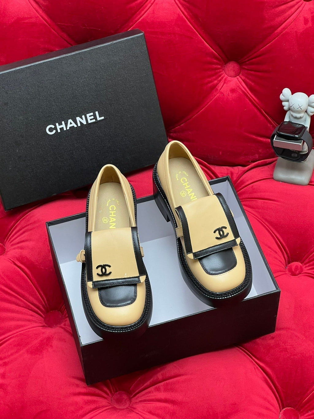 Chanel Moccasin Loafer in Yellow Cream Mix Black Lambskin