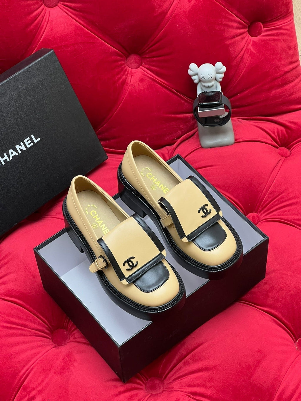 Chanel Moccasin Loafer in Yellow Cream Mix Black Lambskin