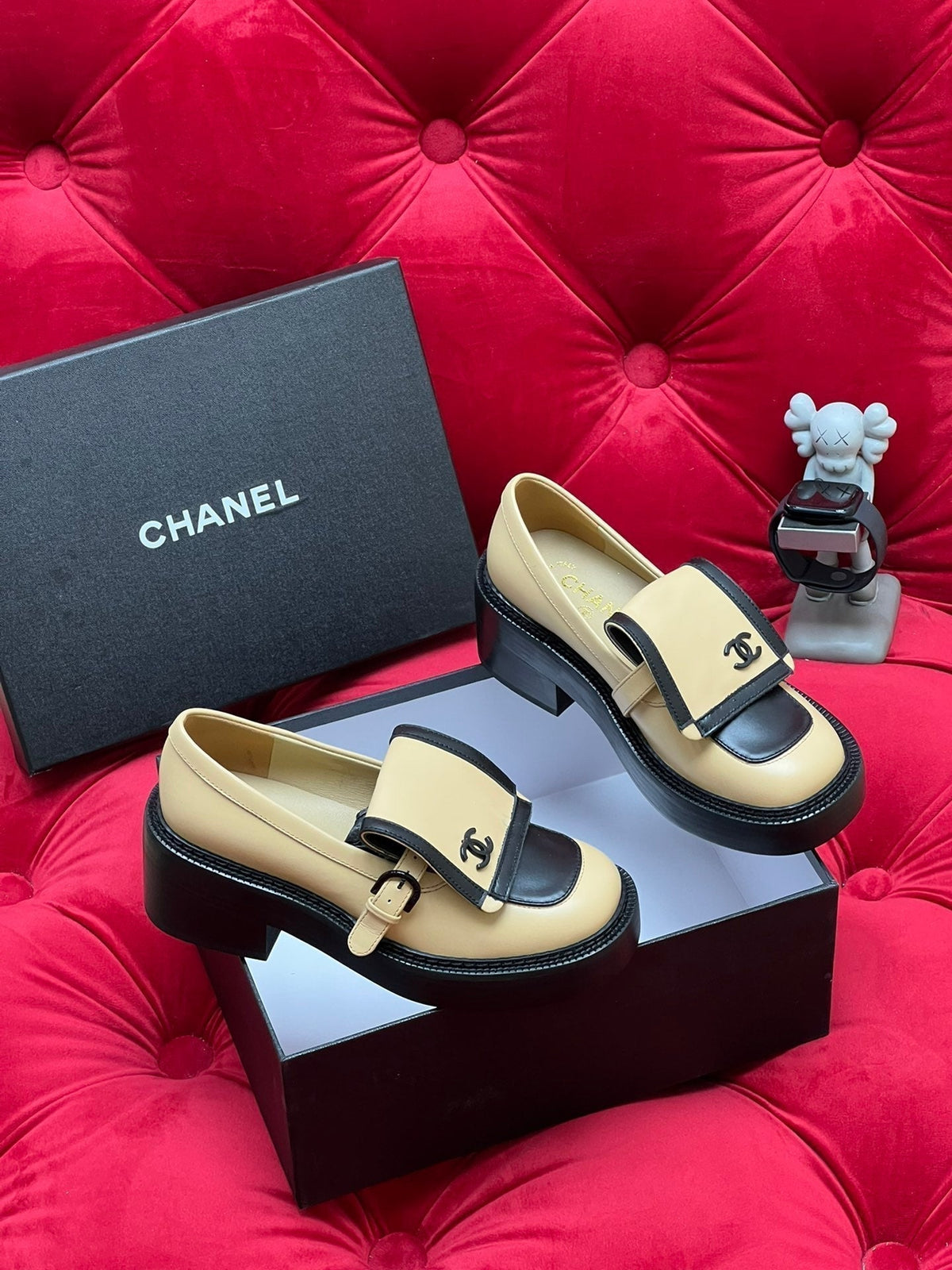 Chanel Moccasin Loafer in Yellow Cream Mix Black Lambskin