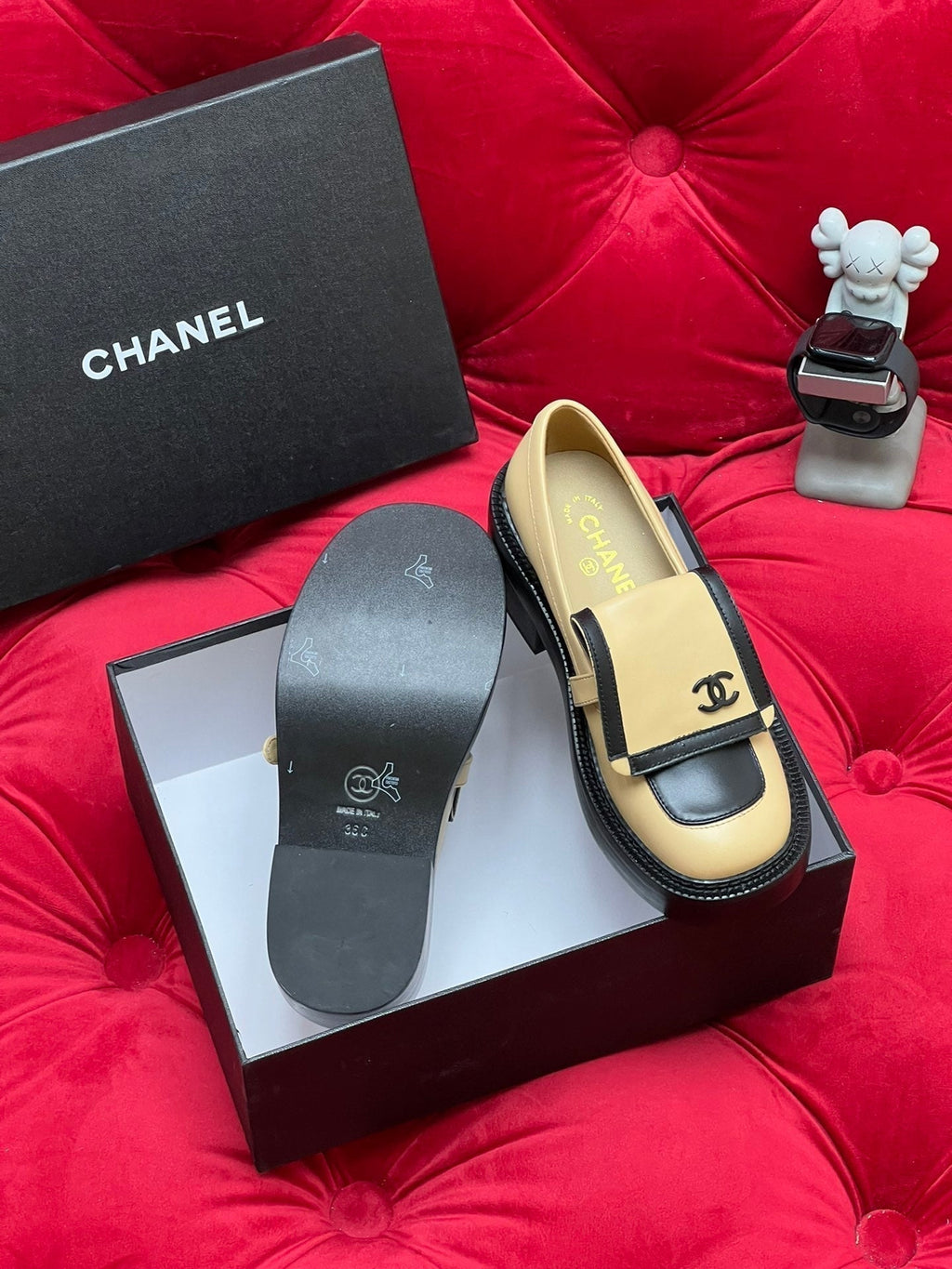 Chanel Moccasin Loafer in Yellow Cream Mix Black Lambskin