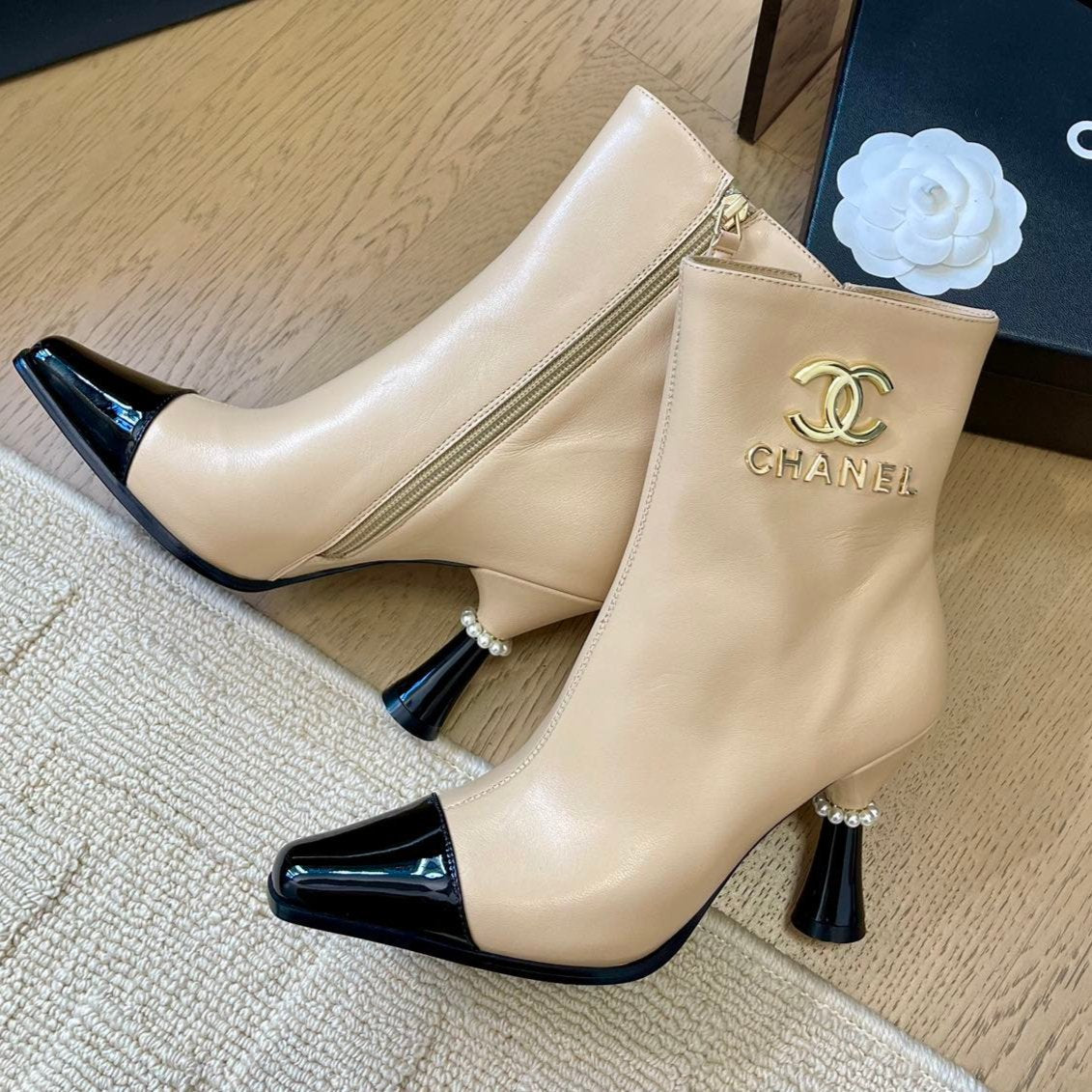 Chanel Bongade Boots in Beige Mix Black Calfskin