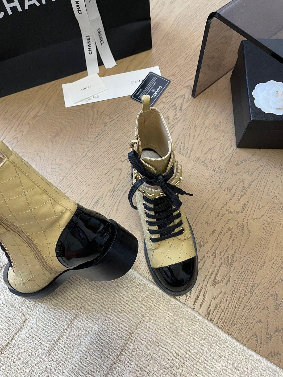 Chanel Alphabet Martin Boots in Flax Yellow Lambskin