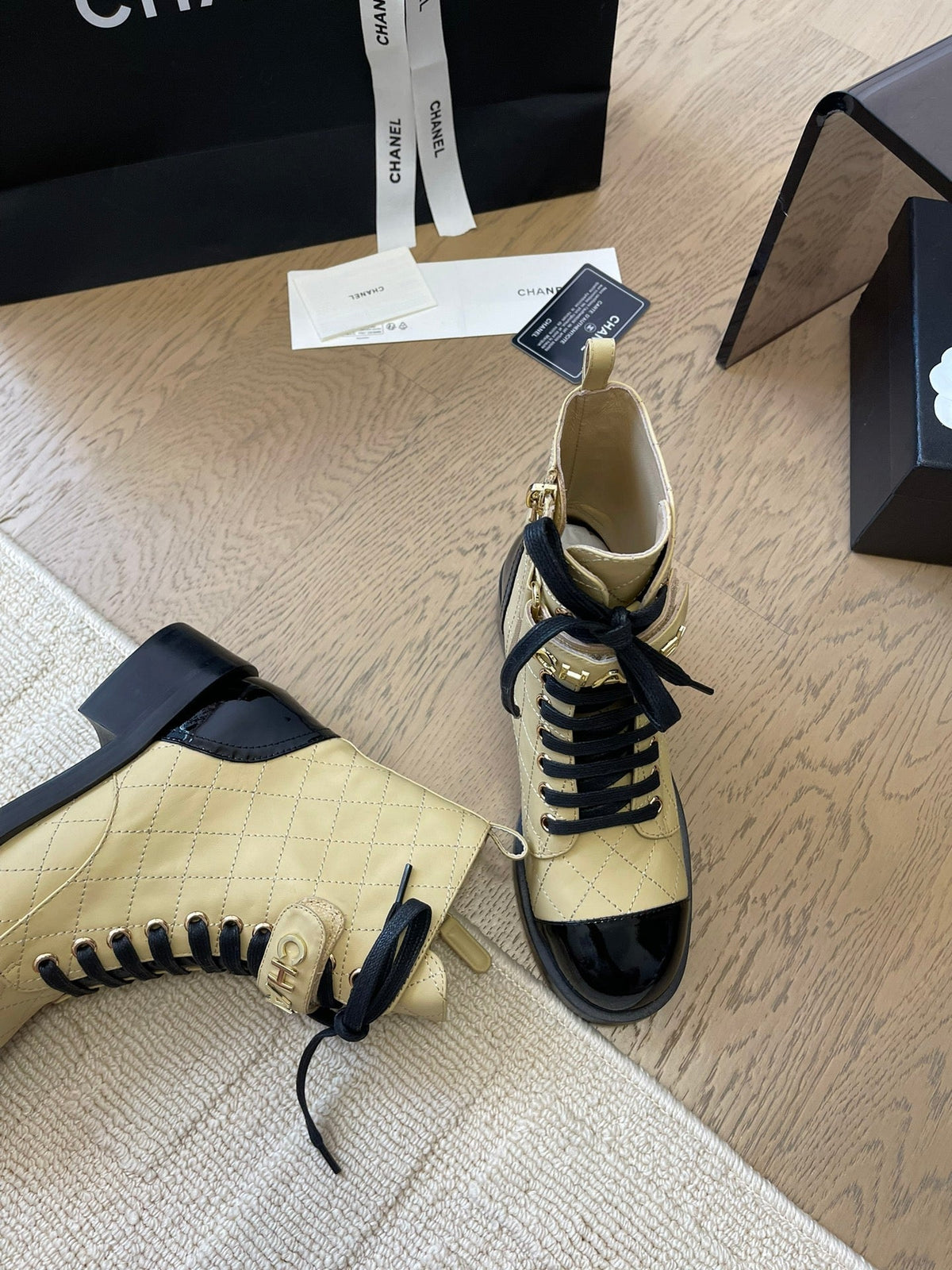 Chanel Alphabet Martin Boots in Flax Yellow Lambskin
